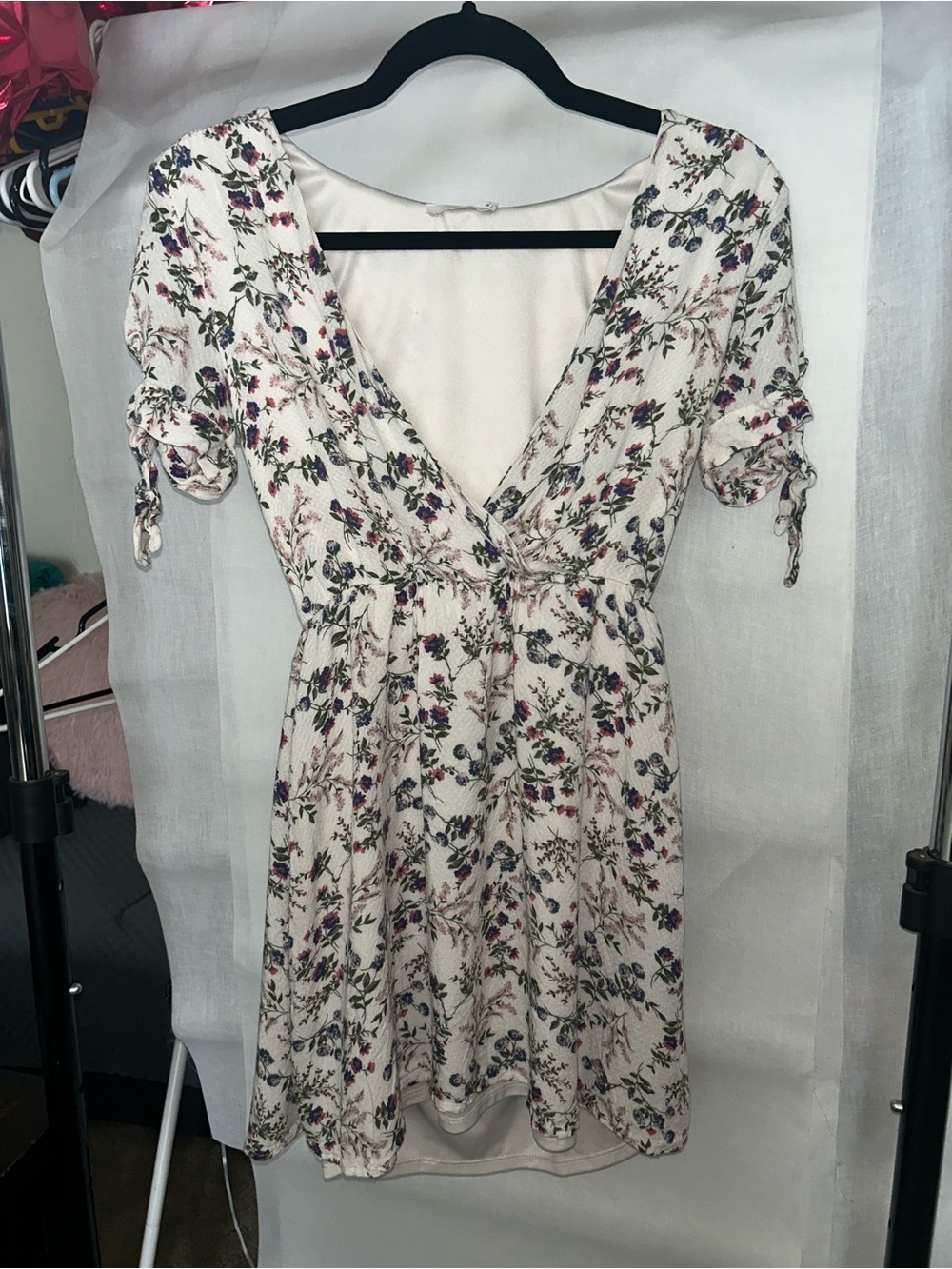 Lush Cream Floral V-Neck Mini Dress with Purple & Pink Accents